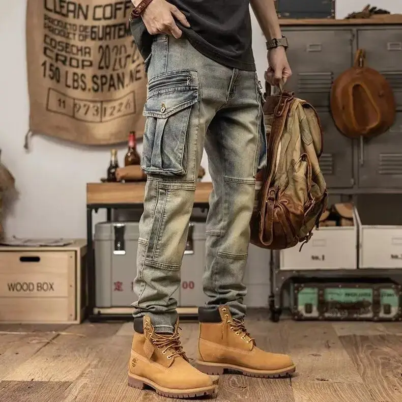 Wear resistant retro motorcycle workwear jeans for men elastic slim fit trendy brand straight tapered casual pants