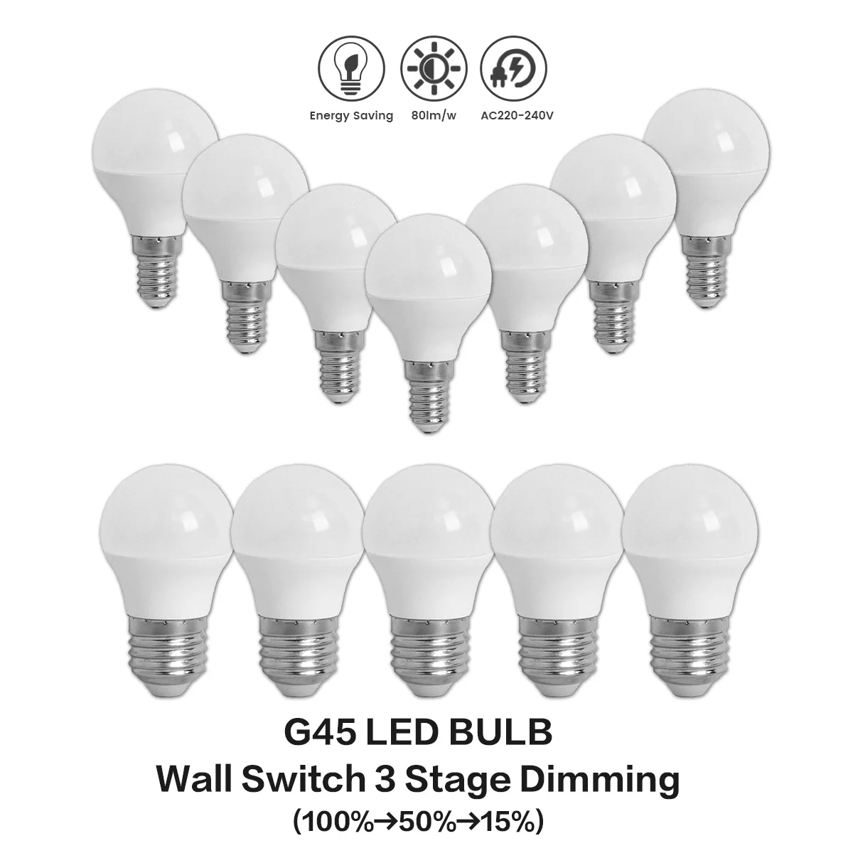 E14 E27 3‑Way 100% 50% 15% Bright Dimmable G45 MINI LED Bulb Controlled by Wall On‑Off Switch CRI80 for Floor Bedside Lamp