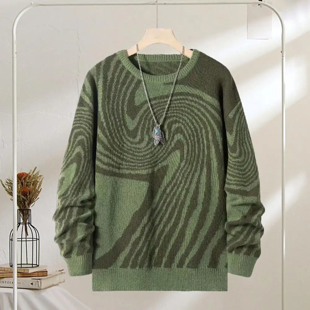 

Men Knit Pullover Fall Winter Men Knitwear Contrast Color Geometric Striped Jacquard Round Neck Sweater Thick Long Sleeves
