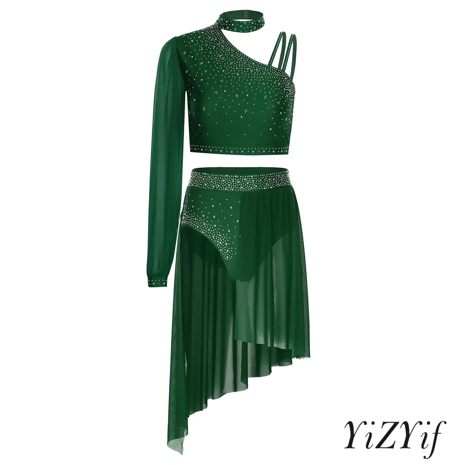 

Lyrical Latin Dance Costume for Women Crop Top with Skirt Glitter Two Piece Set with Polyester Spandex Stage Performance Wear