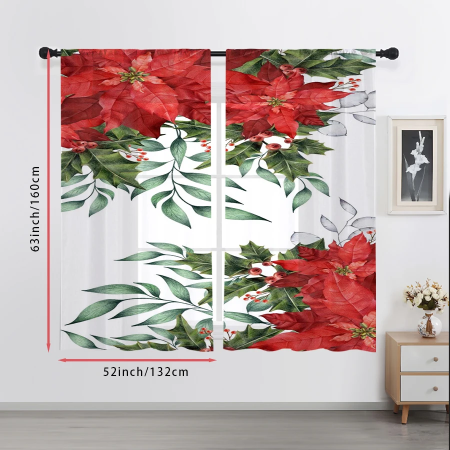 2PCS Red Poinsettia Sheer Curtains, Holly Berry Christmas Print, Rod Pocket Window Drapes for Xmas Holiday Home Decor