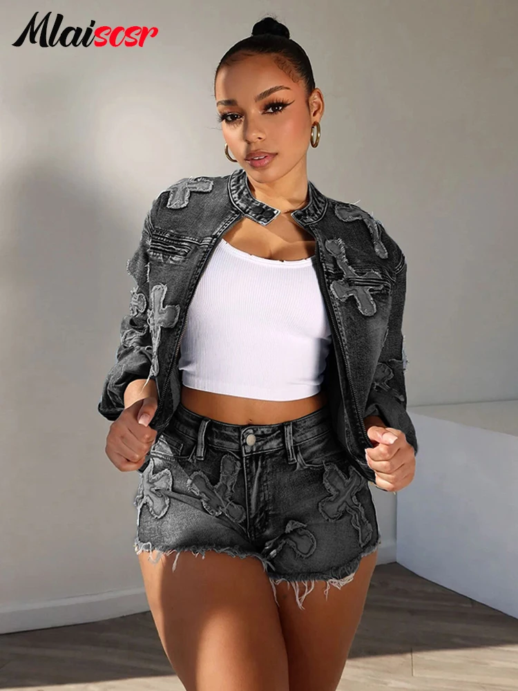 Mlaiscsr Black Denim Stretch Cross Embroidery Shorts and Long Sleeve Coat Two Piece Sets Women Birthday Jean 2pcs Suit Clubwear