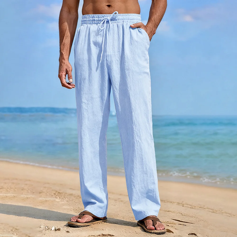 

Cotton Linen Long Pants for Men Breathable Lightweight Solid Color Vacation Beach Style Elastic Waist Cozy Sweatpants