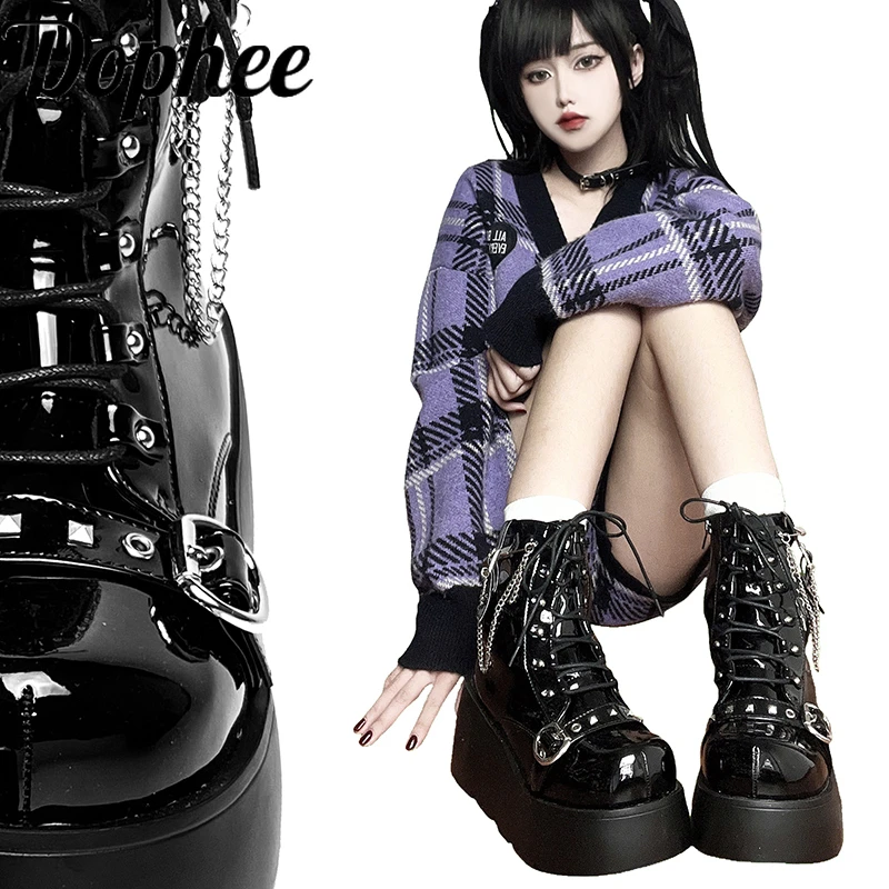 

Dophee Original Dark Punk Women Boots Y2k Subculture Spice Girls Flat Bottomed Short Boots Metal Chain Thick Soled Shoes