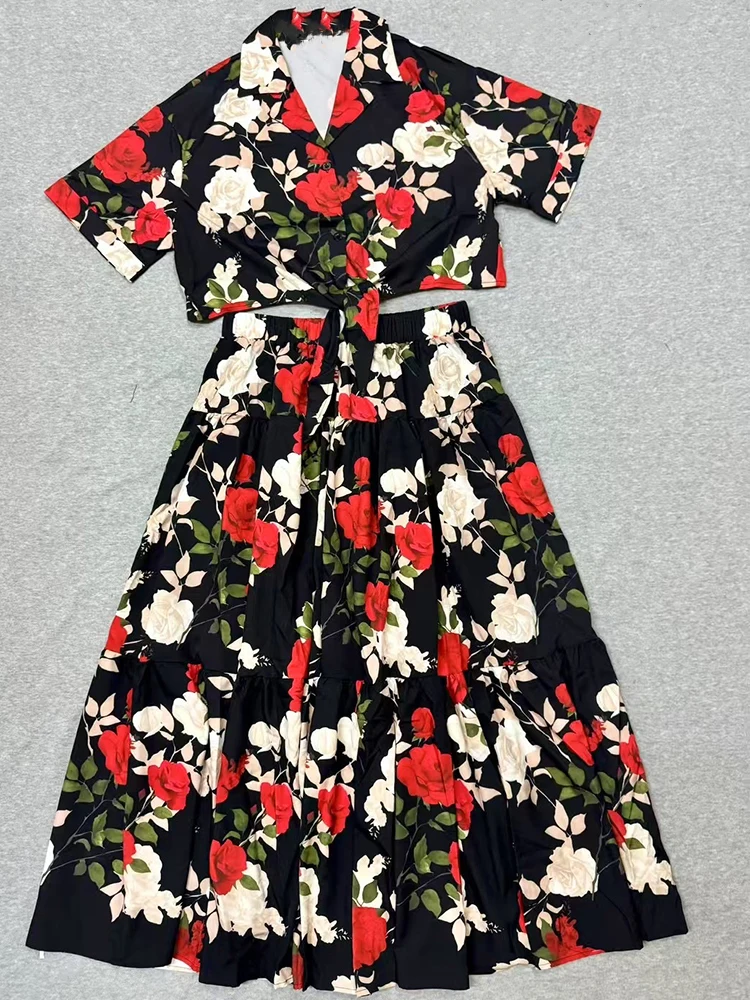 Retro zomer nieuwe mode print rok revers single-breasted kort shirt + hoge taille Een rok elegant tweedelig damespak