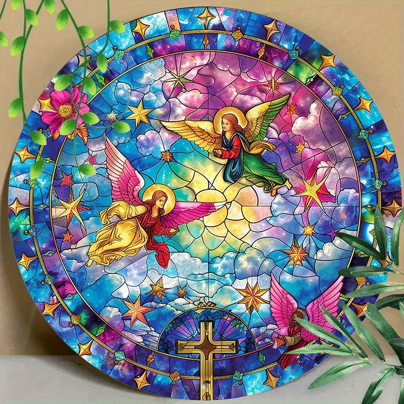 

Round Metal Aluminum Sign, Stained Glass Design of Angels Sign for Home, Living Room, Coffee Shop, Office, Wall Decoration Art