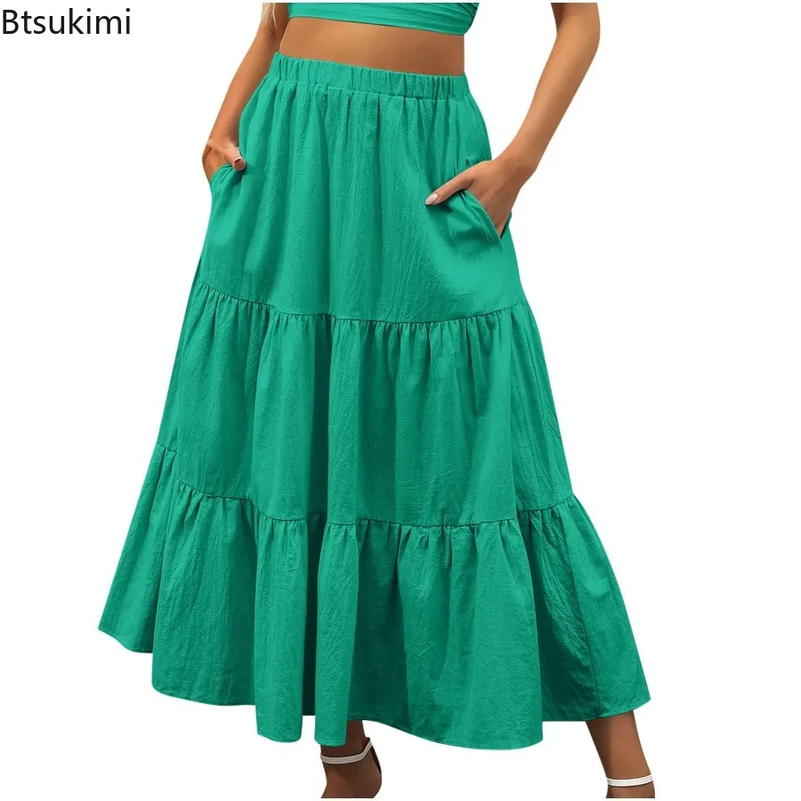 New 2025 Summer Women's Bohemian A- Line Skirt Solid Color with Pocket Elegant Layered Long Length Waist-Length Skirts for Women