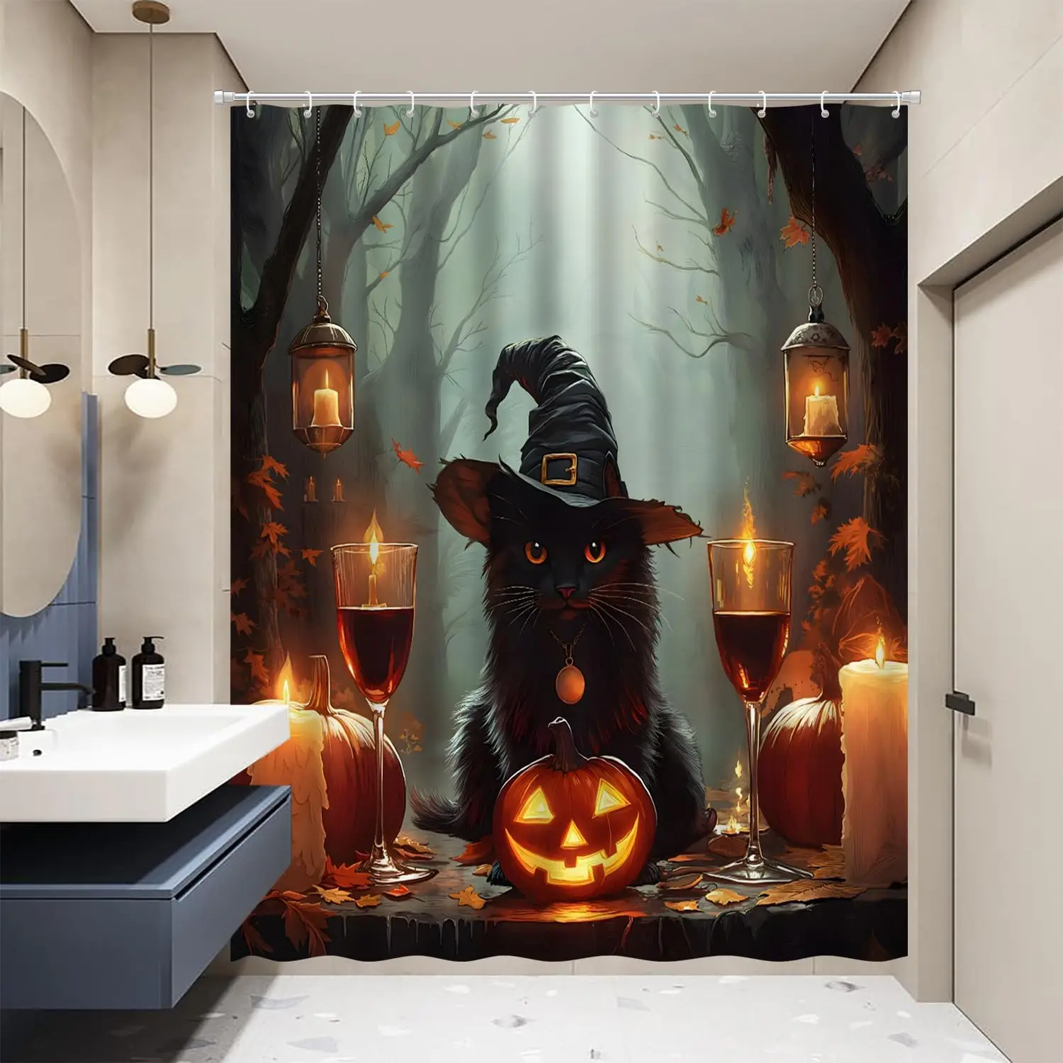 

Gothic Black Cat with Witch Hat Shower Curtain Pumpkin Candle Champagne Spooky Misty Forest Night Halloween Bathroom Decorate