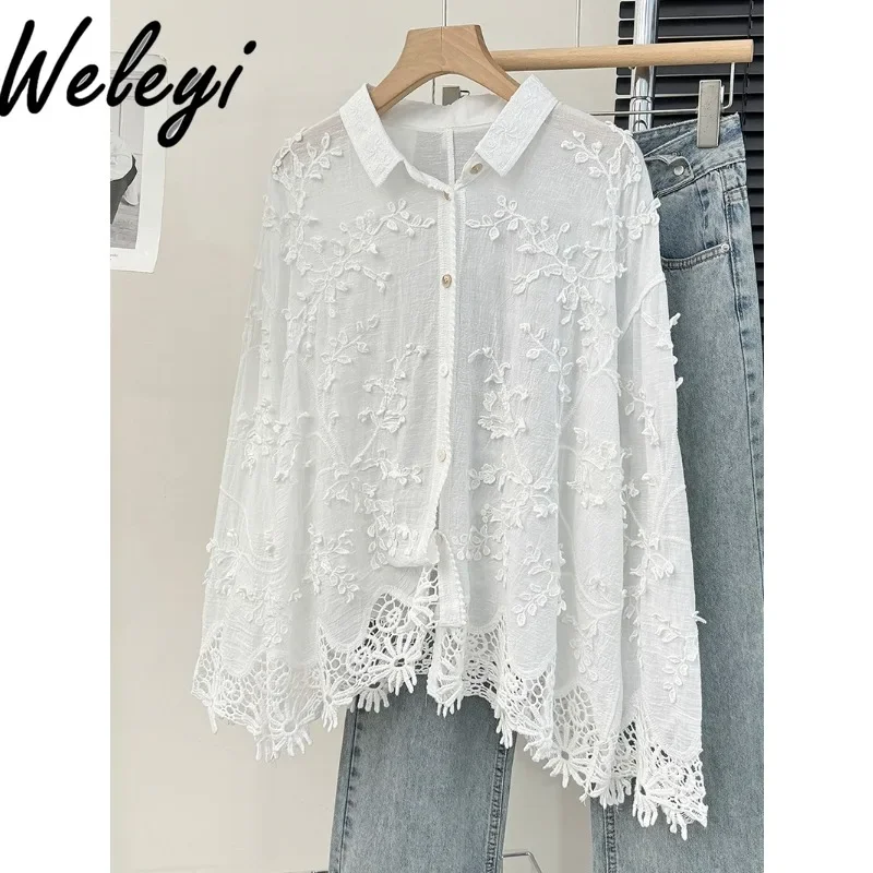 

Gentle Embroidery Off White Shirt 2024 New Women's Spring Autumn Korean Style Loose Three-dimensional Jacquard Lace Splicing Top