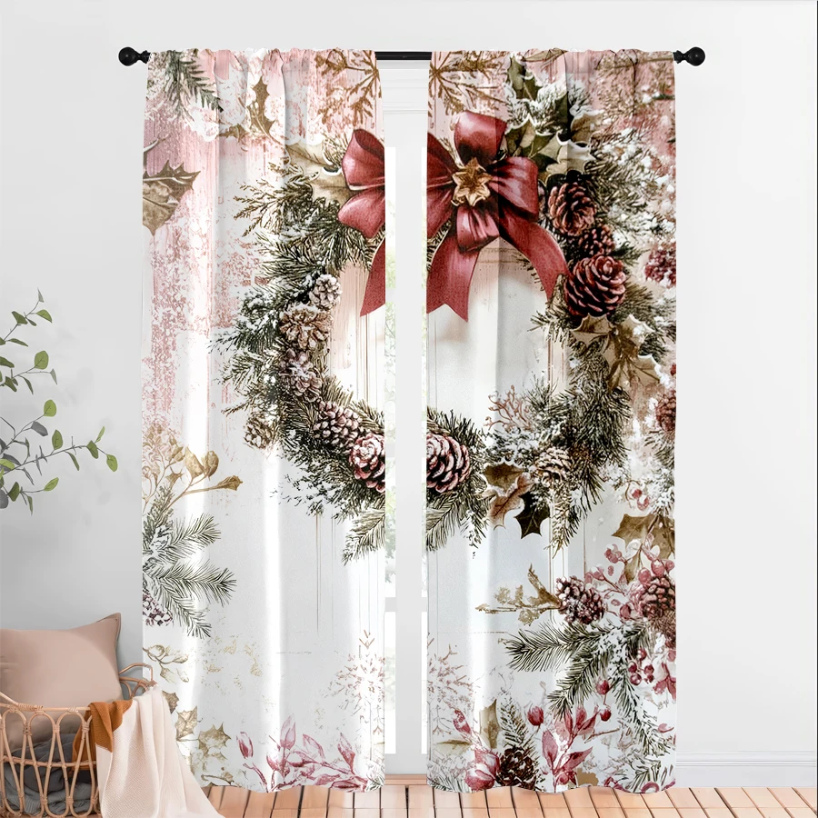 2PCS Christmas Winter Curtains, Pink Wreath Pine Cone, Digital Print, Bedroom Living Room, Rod Pocket, Polyester, Home Decor