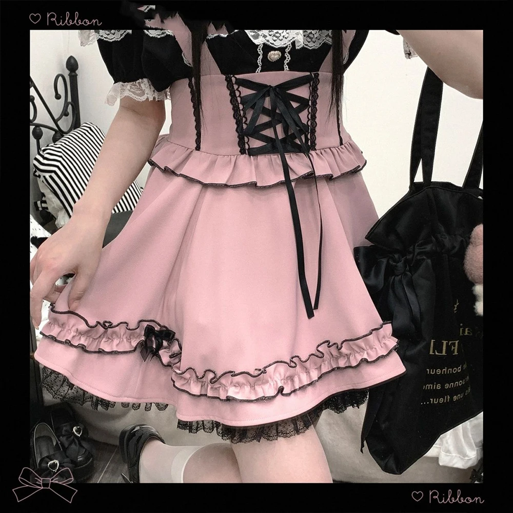 Harajuku Summer Lolita Ribbon Tattoo Lace Solid Color Short Skirt Female Subculture Japanese Sweet Y2K 2000S Kawaii Mini Skirt