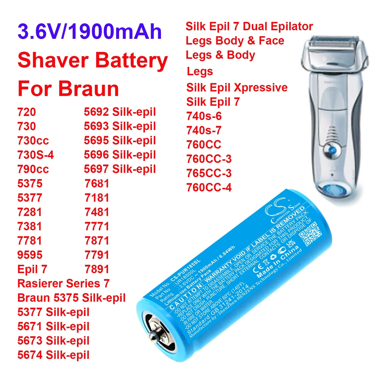 Cameron Sino 1900mAh Battery For Braun 3018765 6703925  703-0925 81377206 UR18500L 720 730 730cc 730S-4 790cc 5375 5377 7281