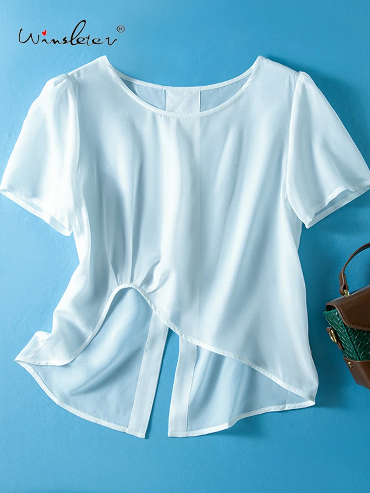 Winsleter- 100% Silk Elegant Sun Protection T-shirt, O Neck Solid, Woman Irregular Design Sunshade Top, 2026 Spring New T62140CC