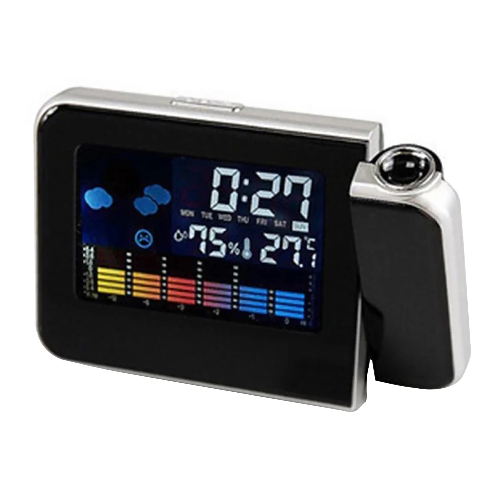 

LCD Backlit Alarm Clock Projection Screen Temp Humidity Weather 180 Degree Rotatable Snooze LED Display Temperature Measurement