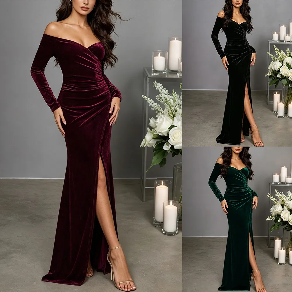 Long Sleeve Off Shoulder Gown Mermaid Elegant with Off the Shoulder Neckline Maxi Length Slim Fit Mid Waist Ladylike for Women