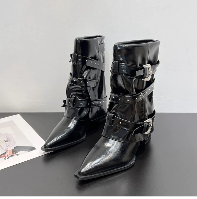 

Goth Boots Woman 2025 Trend Punk New in Women's Shoes Mid-calf Pointed Toe Heel Fashion Sexy Elegant Party Black Booties on Sale
