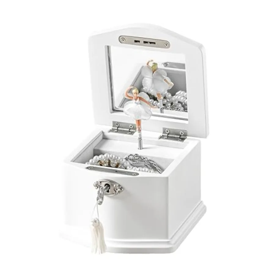 

Wooden Musical Jewelry Box for girls with Mirror and Key Lock Gift for on Birthdays and Holidays Pink Small (White Small)