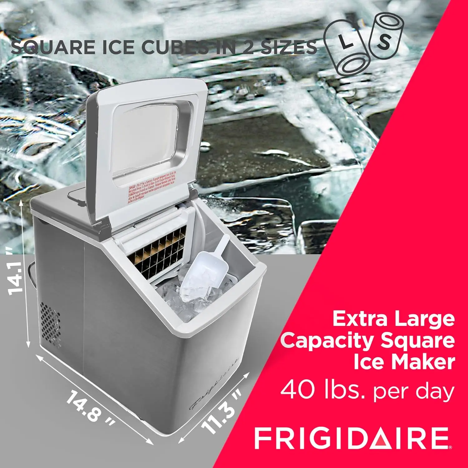 Machine à glaçons extra large en acier inoxydable, distributeur d'eau glacée carré, fabrication de glace, 40 lb, nouveau