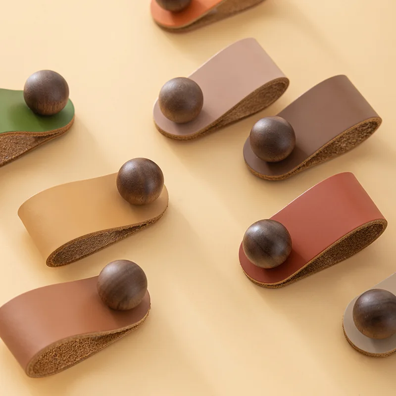AOBT Top-Grain Leather Furniture Hardware Anti-Collision Wardrobe Door Drawer Cabinet Pulls Black Walnut Genuine Leather