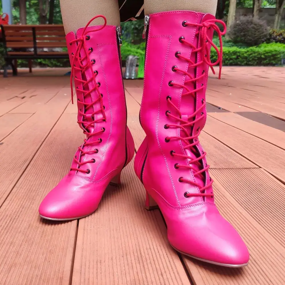 Sapatos de Dança Salsa Curtos Modernos para Mulheres, Salto Grosso de 7cm, Rosa, Latino, Club Fashion, Bota Dançante