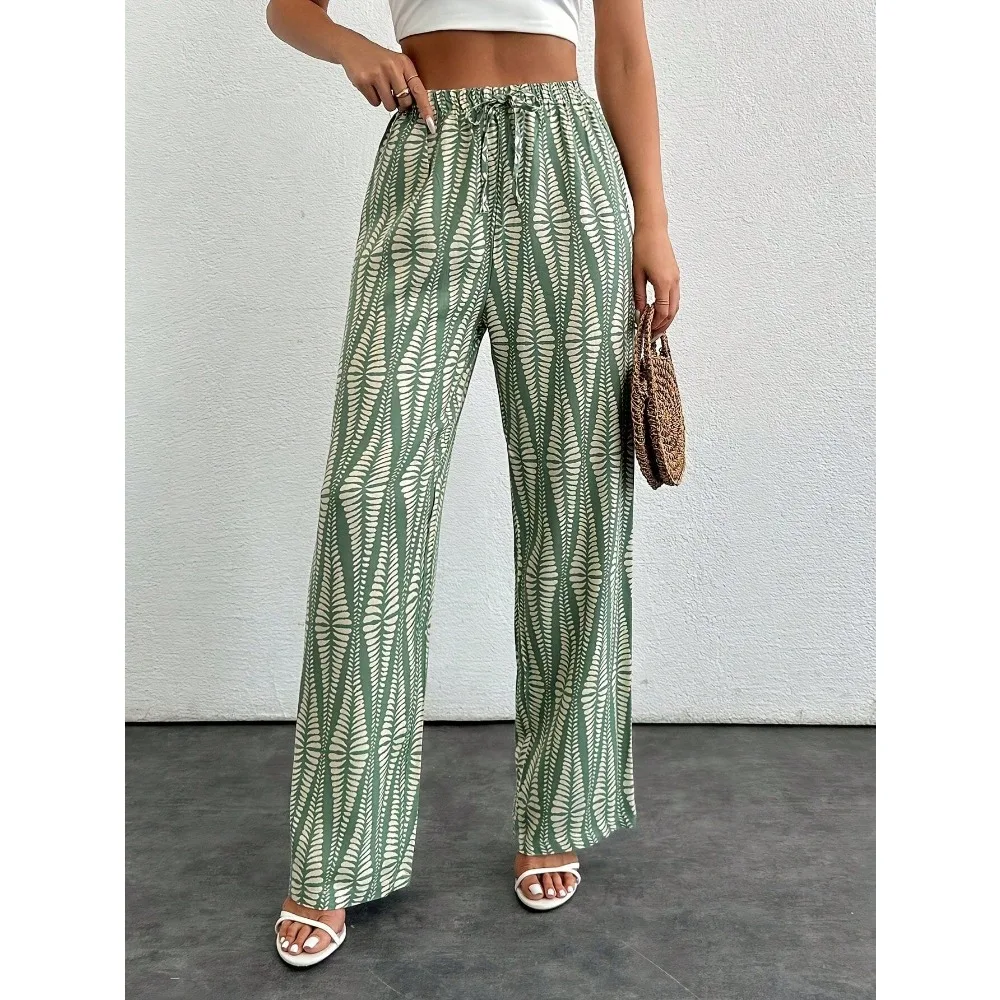 

Большие размеры 1Xl-5XL, женские модные брюки с принтом тропических листьев и брюки на шнурке, женские повседневные длинные широкие брюки