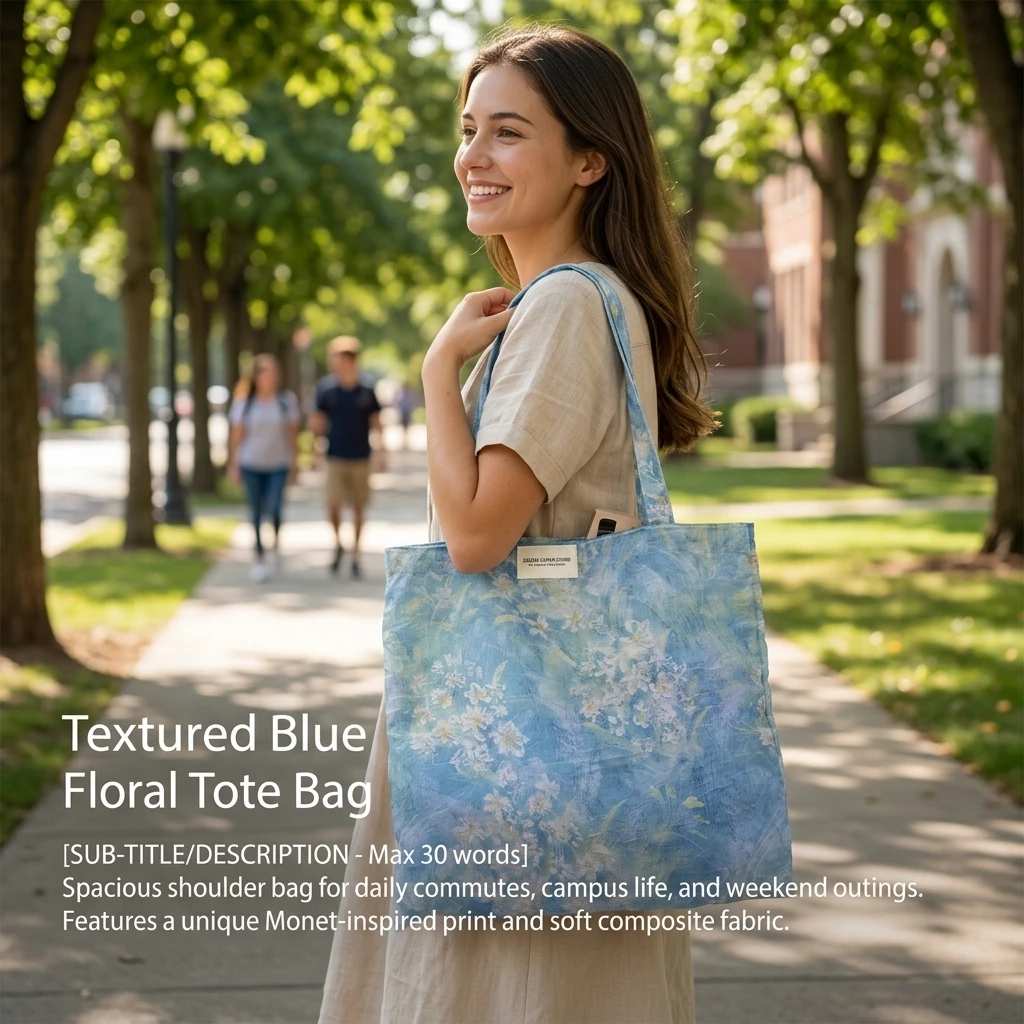 Artistic Tote Bag Large Capacity Floral Shoulder Handbag for Daily Commute School Travel Durable Textured Wide Strap Women