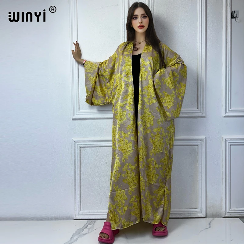 

WINYI 2024 High-quality Double-sided Print Silk feel Dress Beach Wear Boho Cardigan abaya women muslim dress Long Sleeve Kimono