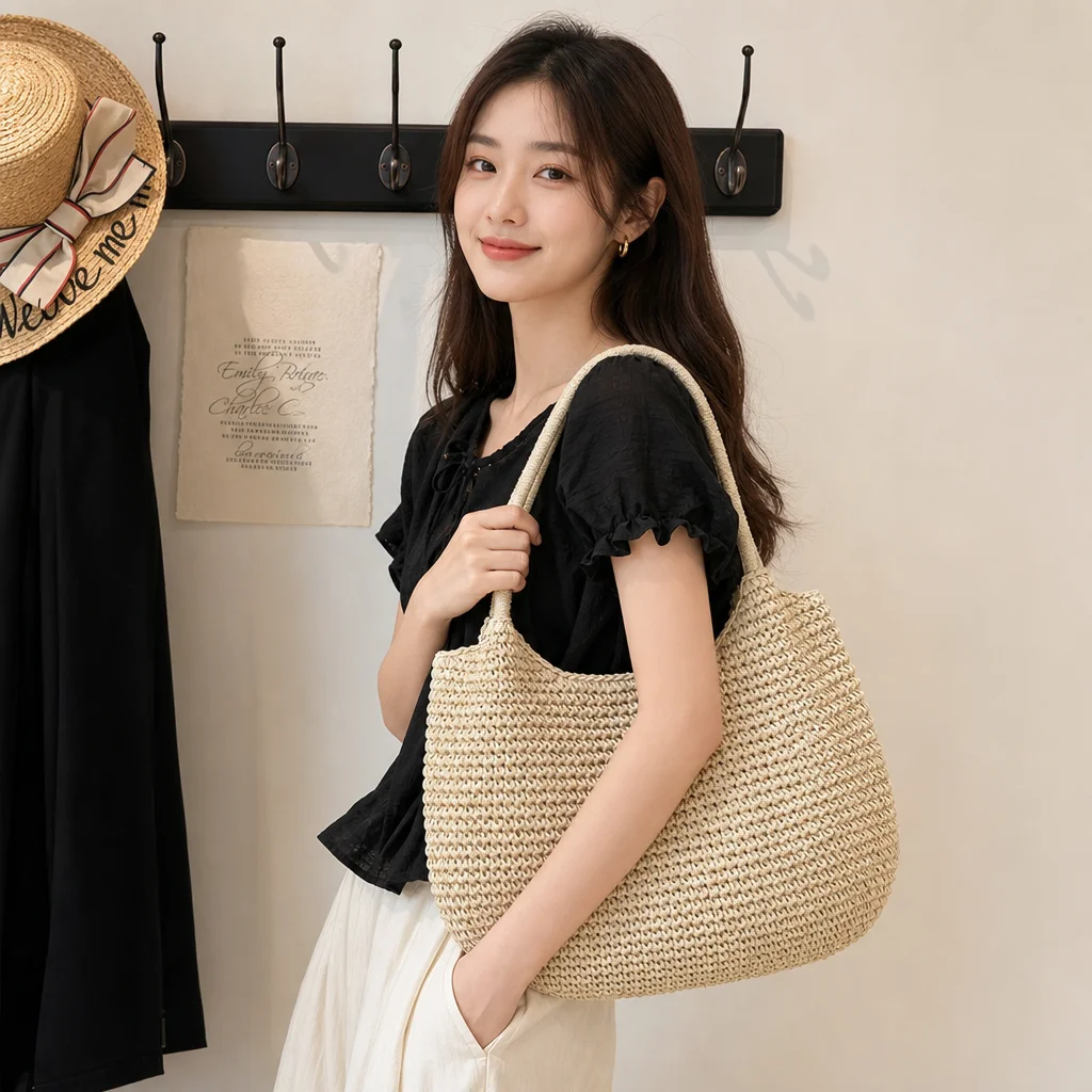 Women Straw Bag Tote Handbag Large Capacity Vintage Shoulder Bag Solid Color Simple Weaving Handbag Ladies Summer Daily Bag