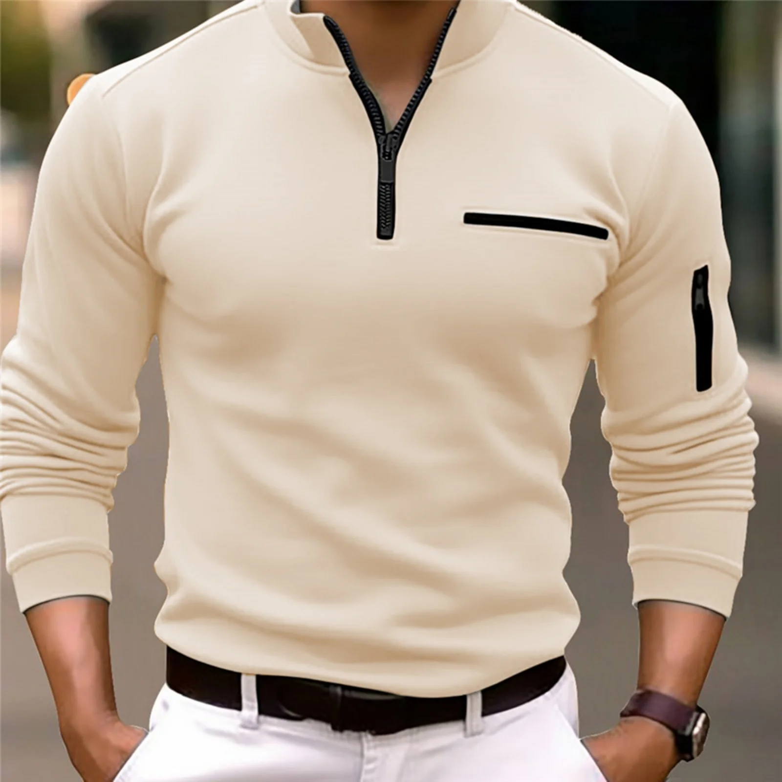 Spring and autumn men sports leisure POLO shirt long sleeve pocket stand collar arm zipper trend solid color new top T-shirt