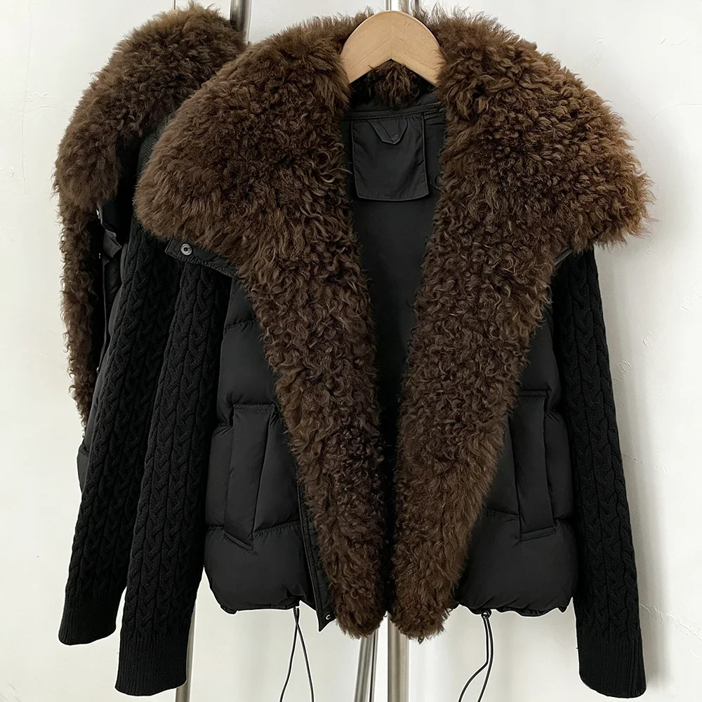 OFTBUY Damen Neue Winter Echt-Lammfellkragen Daunenjacke Natürlicher Pelz Enten-Daunenjacke Damen Mode Kurze Warme Oberbekleidung – Detail 5