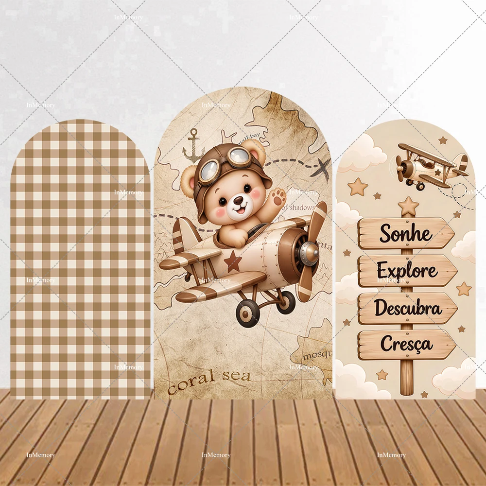 Adventure Travel Theme Arch Backdrop Cover Bear Airplane Map Brown Plaid Photography Backgrounds Birthday Party Arched Banner