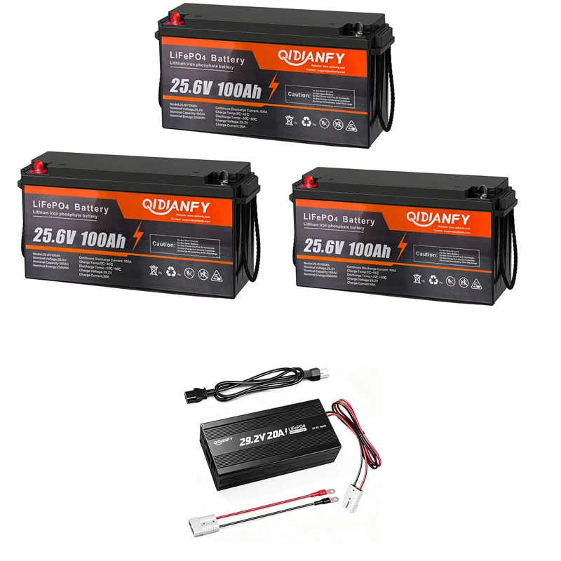 Qidianfy 3pcs 25.6V LiFePO4 Lithium Battery 100Ah and Charger Built-in 100A BMS 2560W Deep Cycles for RV Camping Motorcycle Backup Power Off-Grid