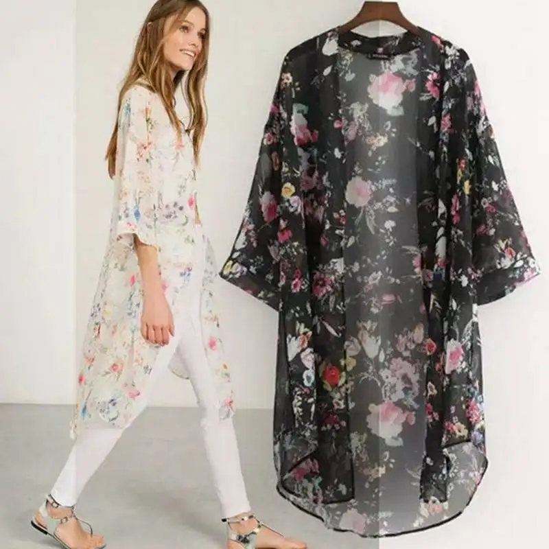 

Summer Women's Long Blouse Cardigan plus Size Ladies irt V-Ne Svel Floral Print Street Sle Straight Cut European ...
