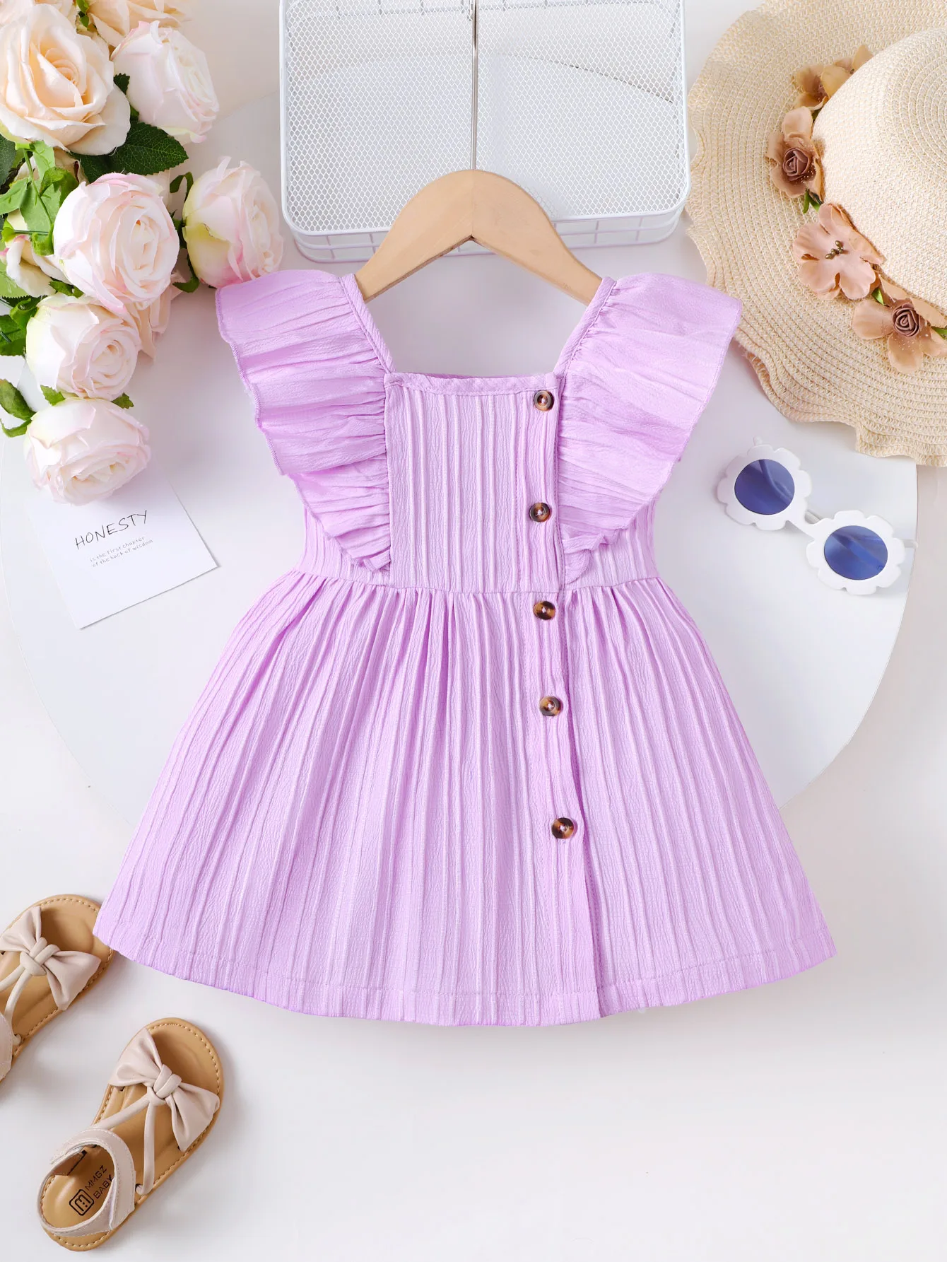 Baby Girl Summer Princess Dress Floating Sleeve Plain Dress Fashion Simple Button Decoration Birthday Party Costume Toddler Girl