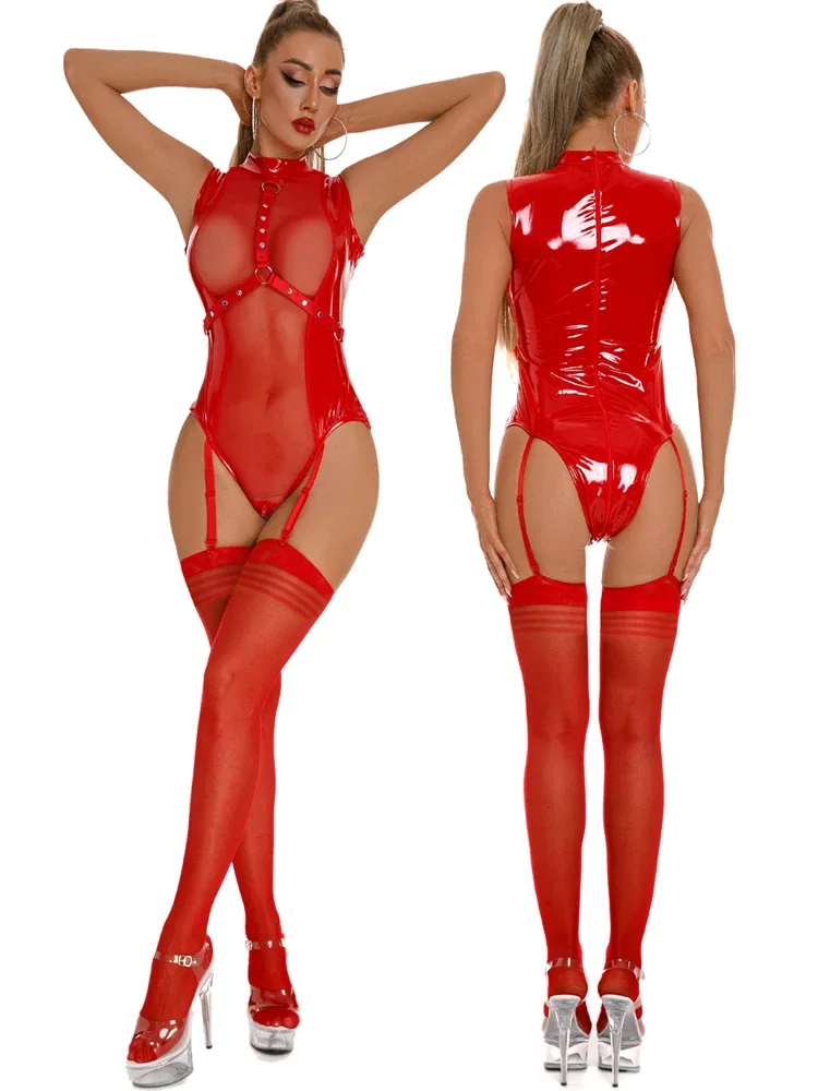Traje de baño transparente de malla con aspecto húmedo de PVC, traje de baño de cuero PU brillante con cremallera en la entrepierna abierta, traje Sexy, medias con liguero para el cuerpo
