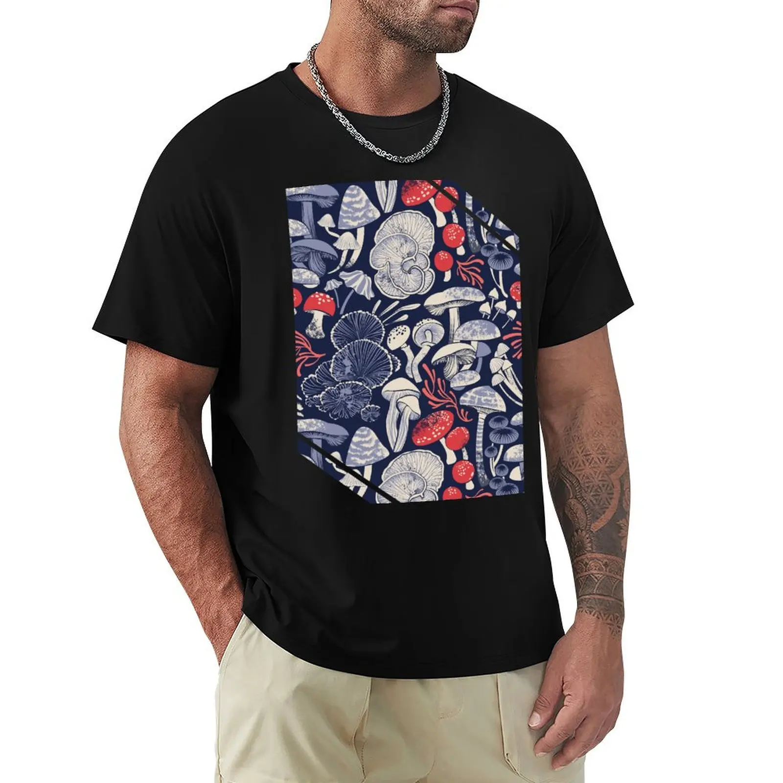 

Mystical fungi // midnight blue background ivory pale blue coral and red wild mushrooms T-Shirt vintage mens cotton t shirts