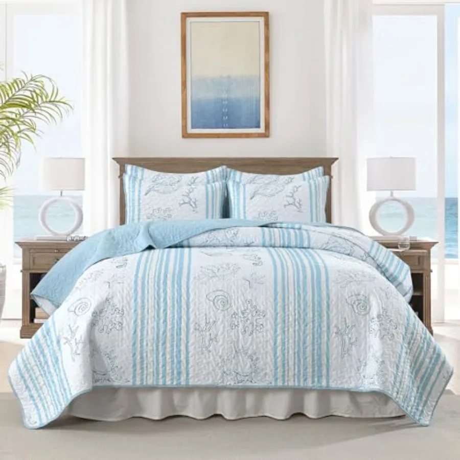 

Coastal Quilt Bedding Set Size Striped Blue Summer Beach Quilt Lightweight Ocean Nautical Comforter Tropical Bedspread Coverlet