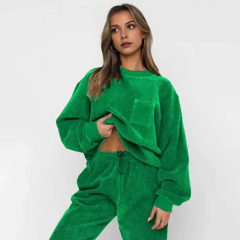 Casual Two-piece Suit Women's Round Neck Sweatshirt High Waist Trousers Set for Sport Fitness Long Sleeve Elastic Cuff Top