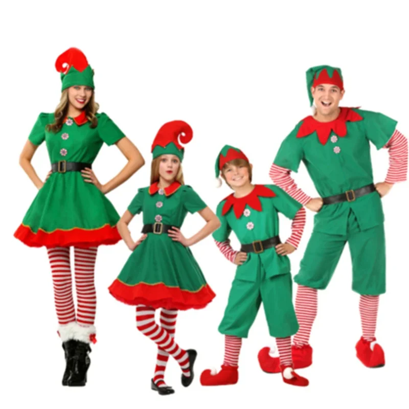 Natale babbo natale Costume Green Elf Cosplay Family Carnival Party capodanno Fancy Dress Clothes Set per uomo donna ragazze ragazzi