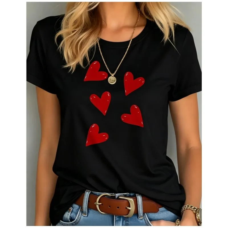 Summer New Trendy Women Tee Print Heart Comfortable Cost-effective Tops for Woman Date Daily Life Home Breathable Refreshing Tee