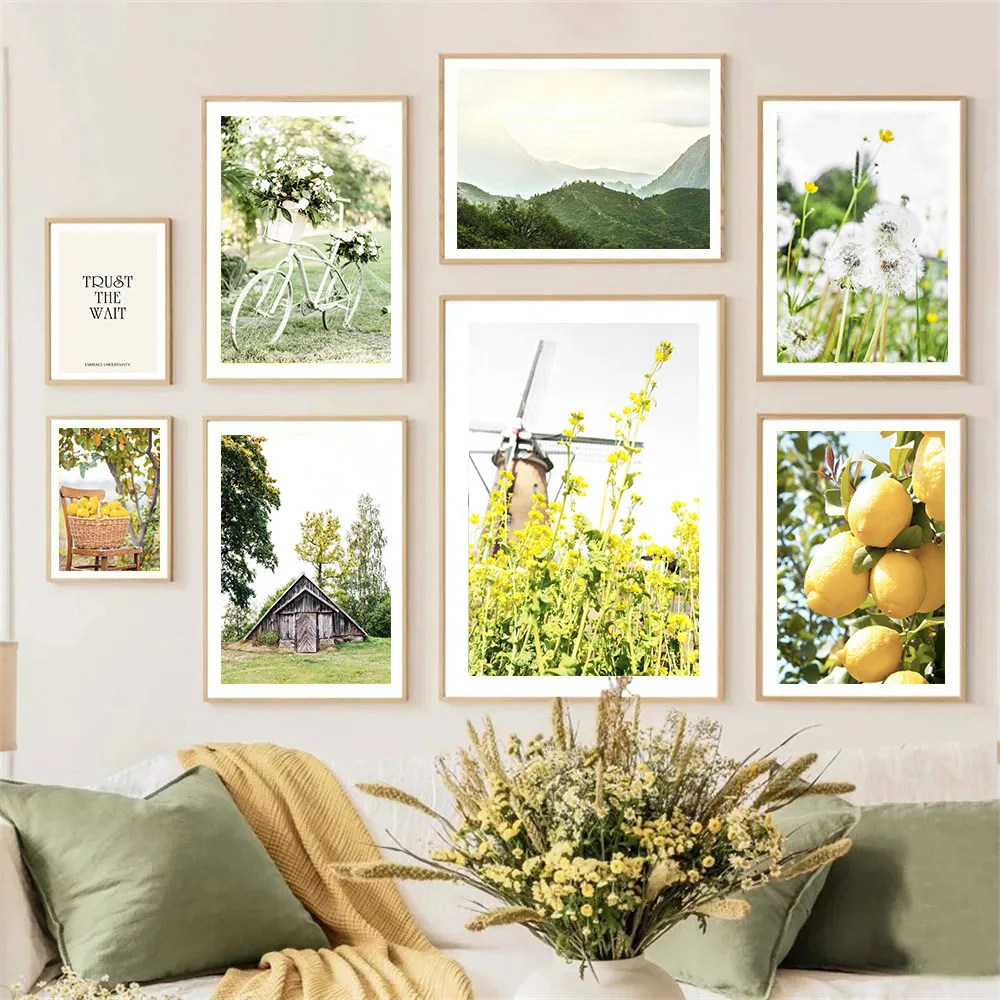 Spring Landscape Bike Windmill Lemon Canvas Poster Field Dandelion Flower Wall Art Print Painting Nordic Picture Home Decoration