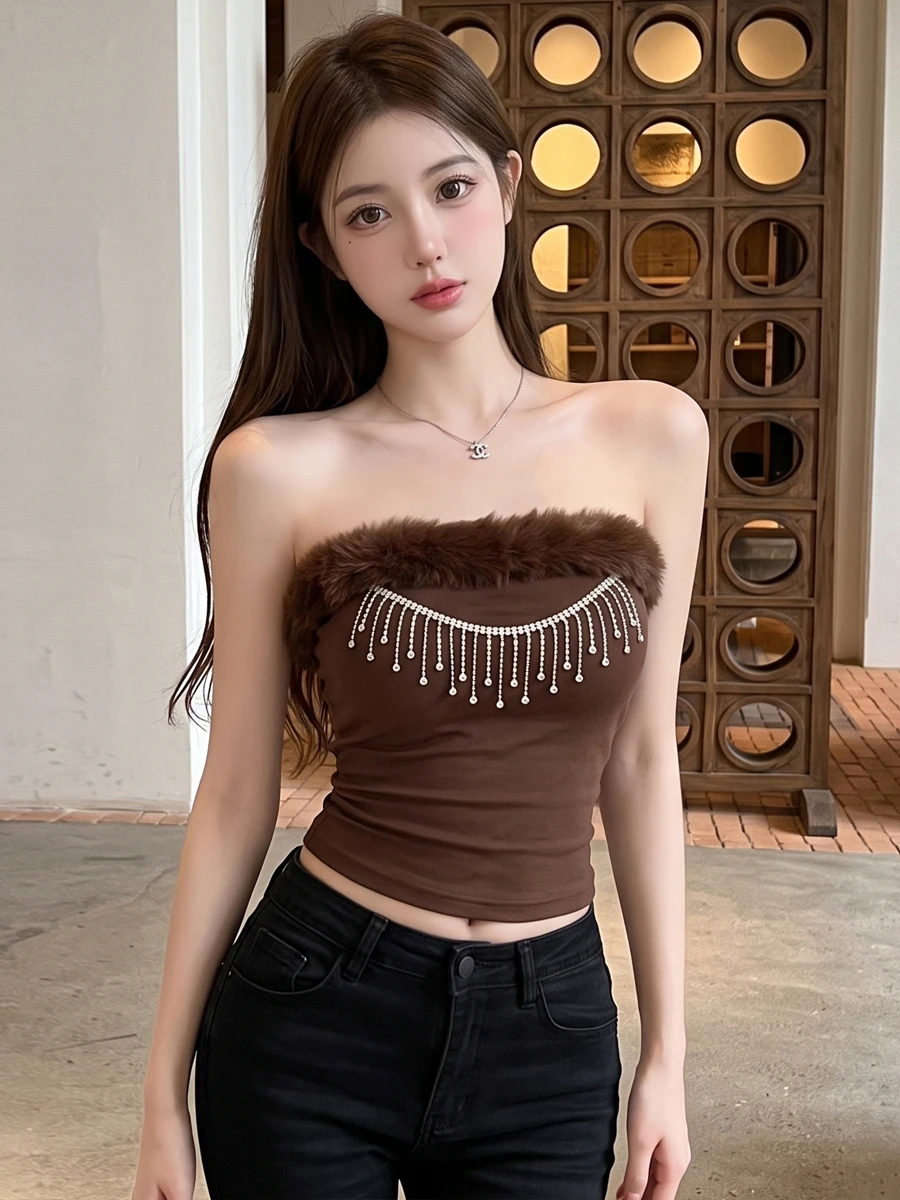 Elegant Faux Fur Trim Tube Top Tank Diamond Chain High Waist Bared Belly Slimming Sleeveless Shirt Women's Fashion Straight Cut