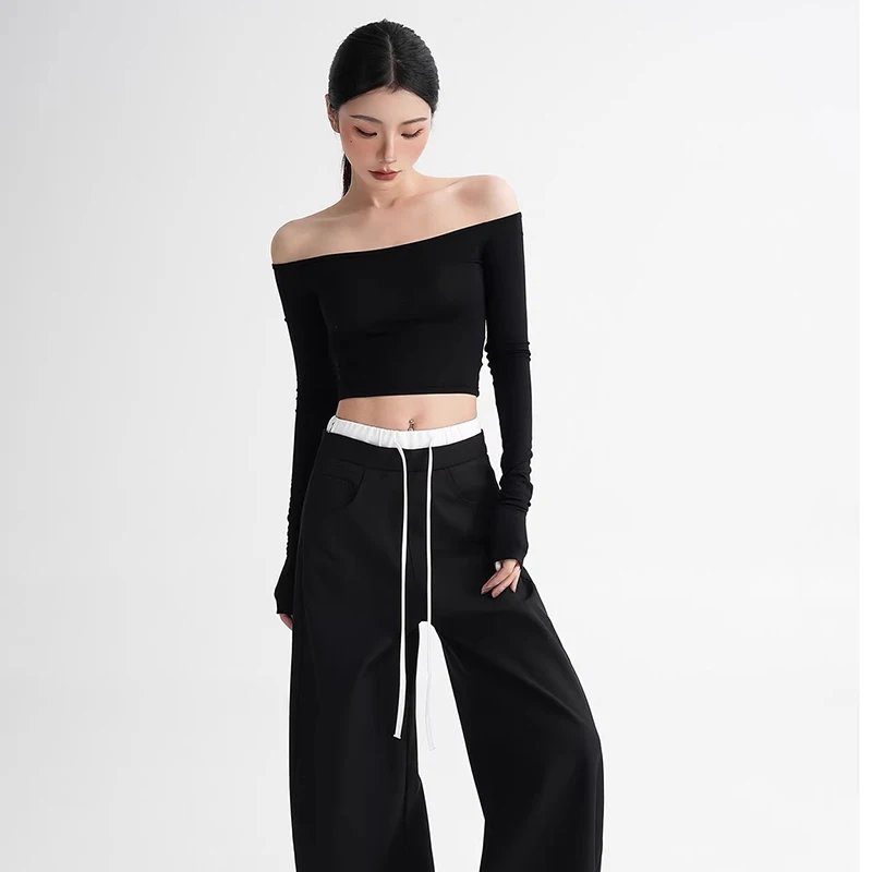 Women Solid Off‑The‑Shoulder Long Sleeve Cropped Blouse Finger Cuff Design Slim Fit Y2K Club Daily Short Tops