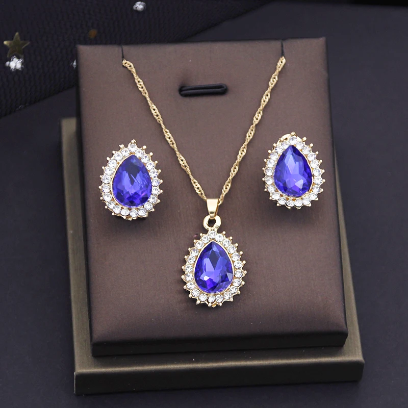 Waterdrop Crystal Pendants Necklace Earrings Sets for Women Jewelry Set Bridal Wedding Choker Neckalce Sets Fashion