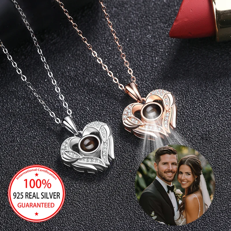 

925 Sterling Silver Custom Photo Projection Heart Angel Wings Pendant Necklace Accessories For Women Personalize Jewelry Gift