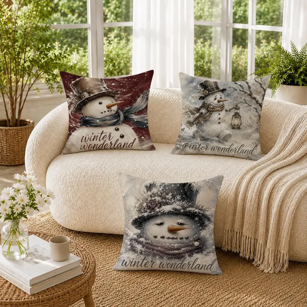 Winter Wonderland Snowman Cushion Cover Double-Sided Plush Sofa Cushion Covers Organic Breathable Invisible Zipper