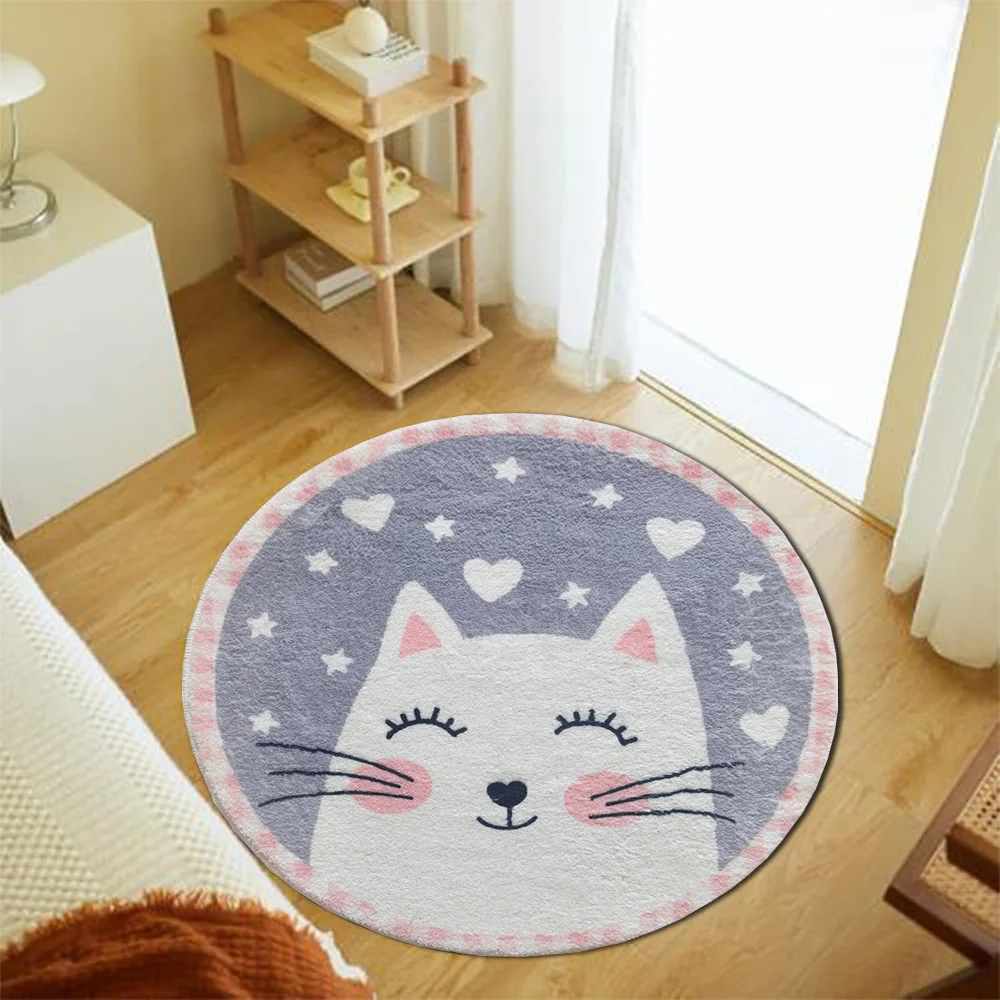 Cute Cat Round Rug Flannel Soft Floor Mat for Kids Bedroom Nursery Decor Cartoon Animal Carpet Home Interior Design