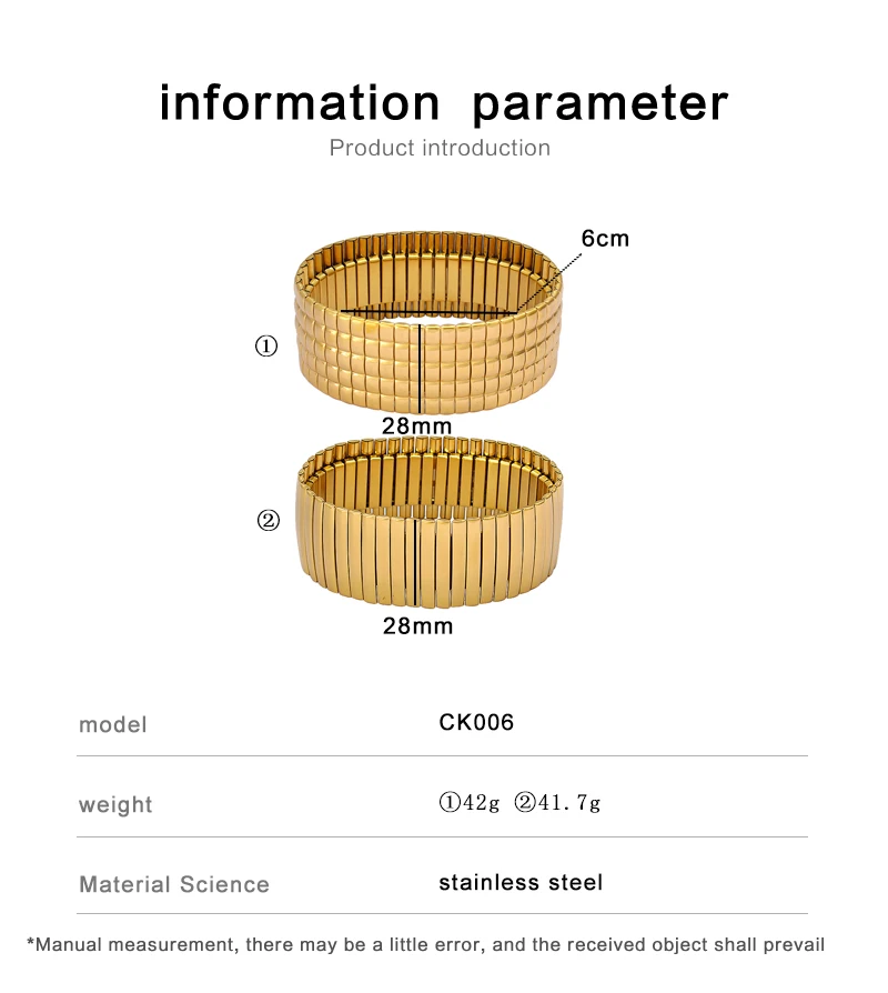 USENSET 28mm Exaggerated Wide Flexible Stainless Steel Bangle Unisex Textured Gold Plated Waterproof Bracelet