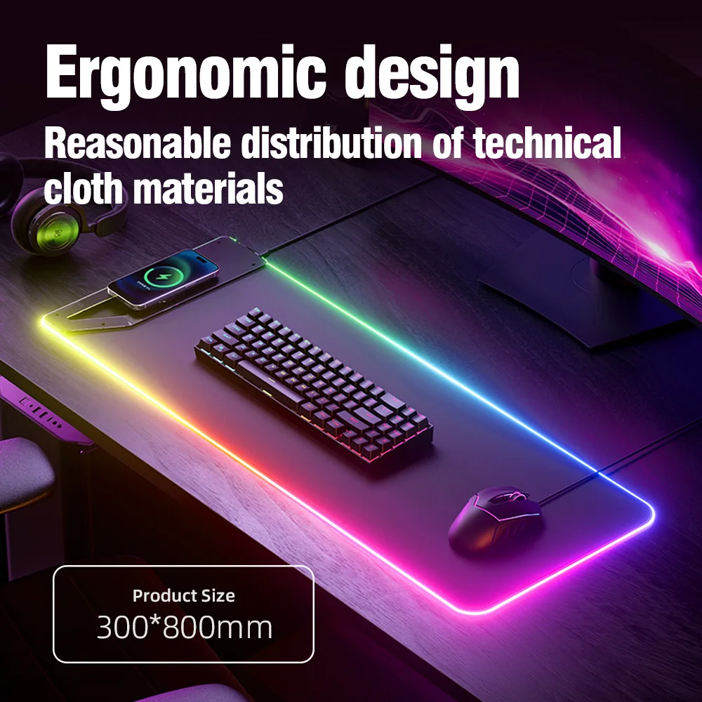 Imagem -02 - Carregador sem Fio Mouse Pad Iluminação Rgb Música Sync Tapete de Jogo Grande App Controle Cor à Prova Dágua