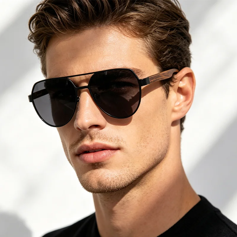 Natural Wood Temple Metal Sunglasses Square Frame UV400  Road Trip Hiking Camping Glasses Daily Beach Vacation Casual Eyewear
